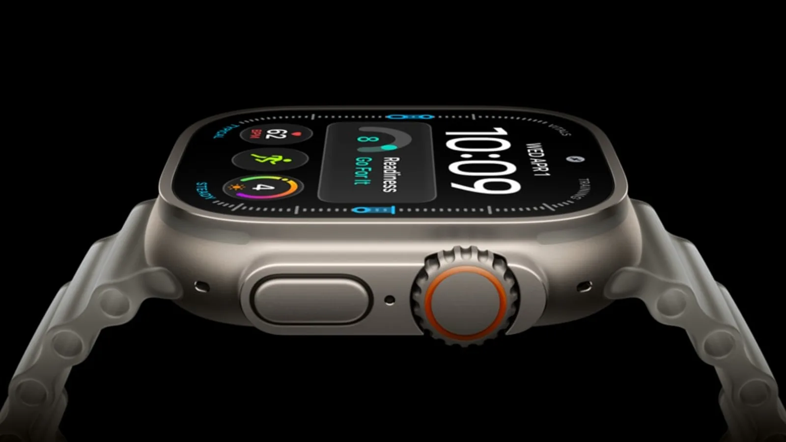 Apple Watch Ultra 4 titanium case in close-up profile view