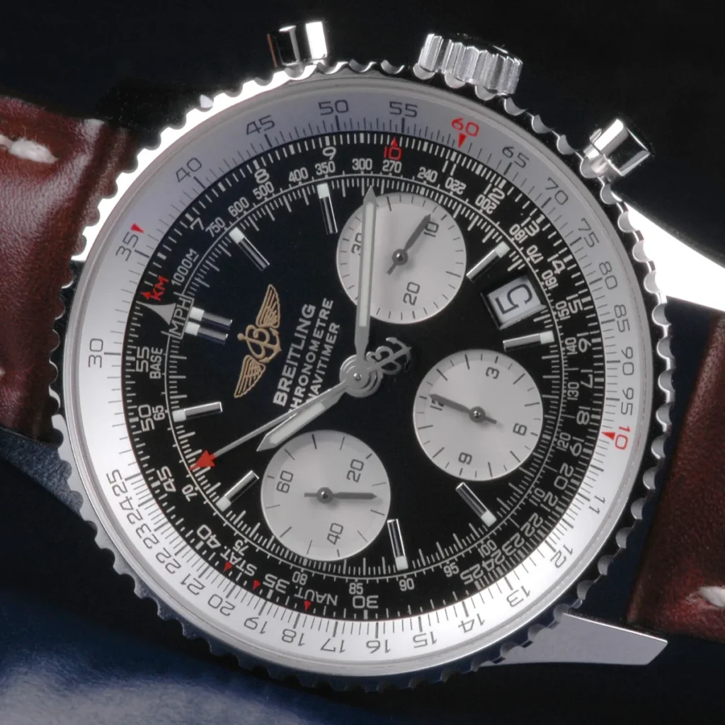 Close-up of the circular slide rule on a Breitling Navitimer