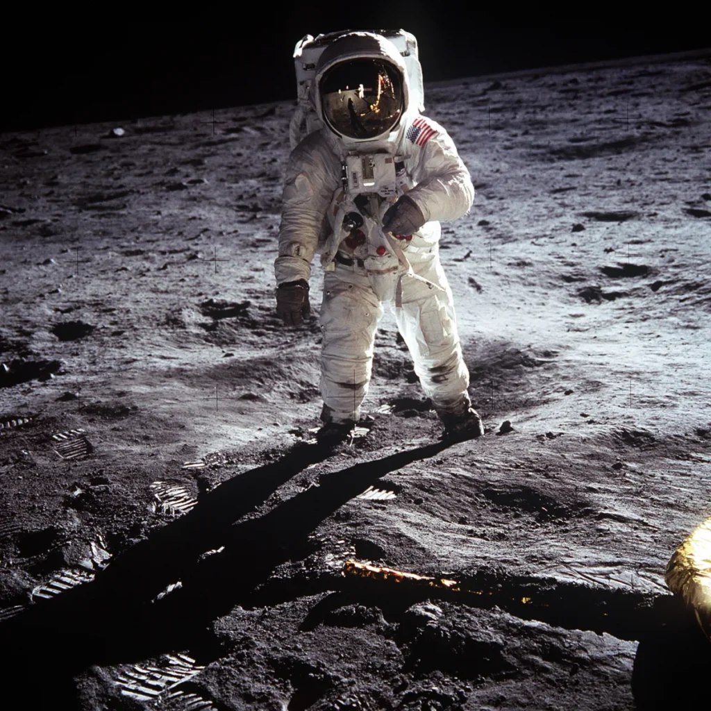 Buzz Aldrin in his Apollo 11 spacesuit on the lunar surface