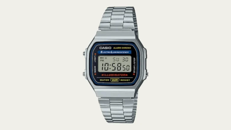 Casio A168WA-1 digital watch with silver-tone stainless steel bracelet and black display surround