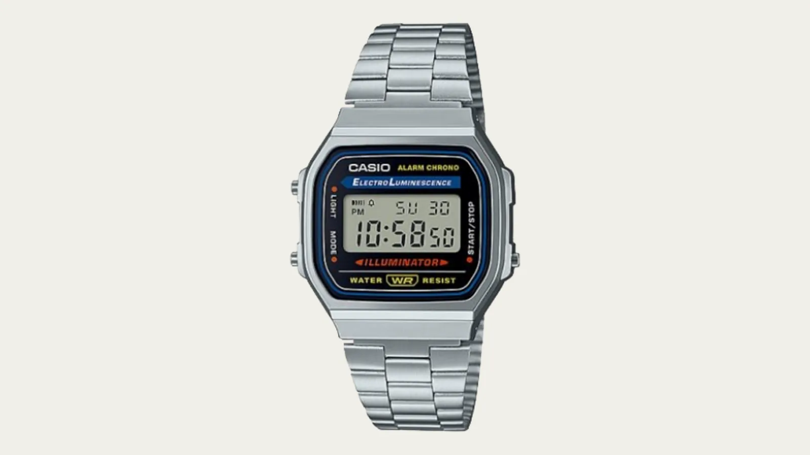 Casio A168WA-1 digital watch with silver-tone stainless steel bracelet and black display surround