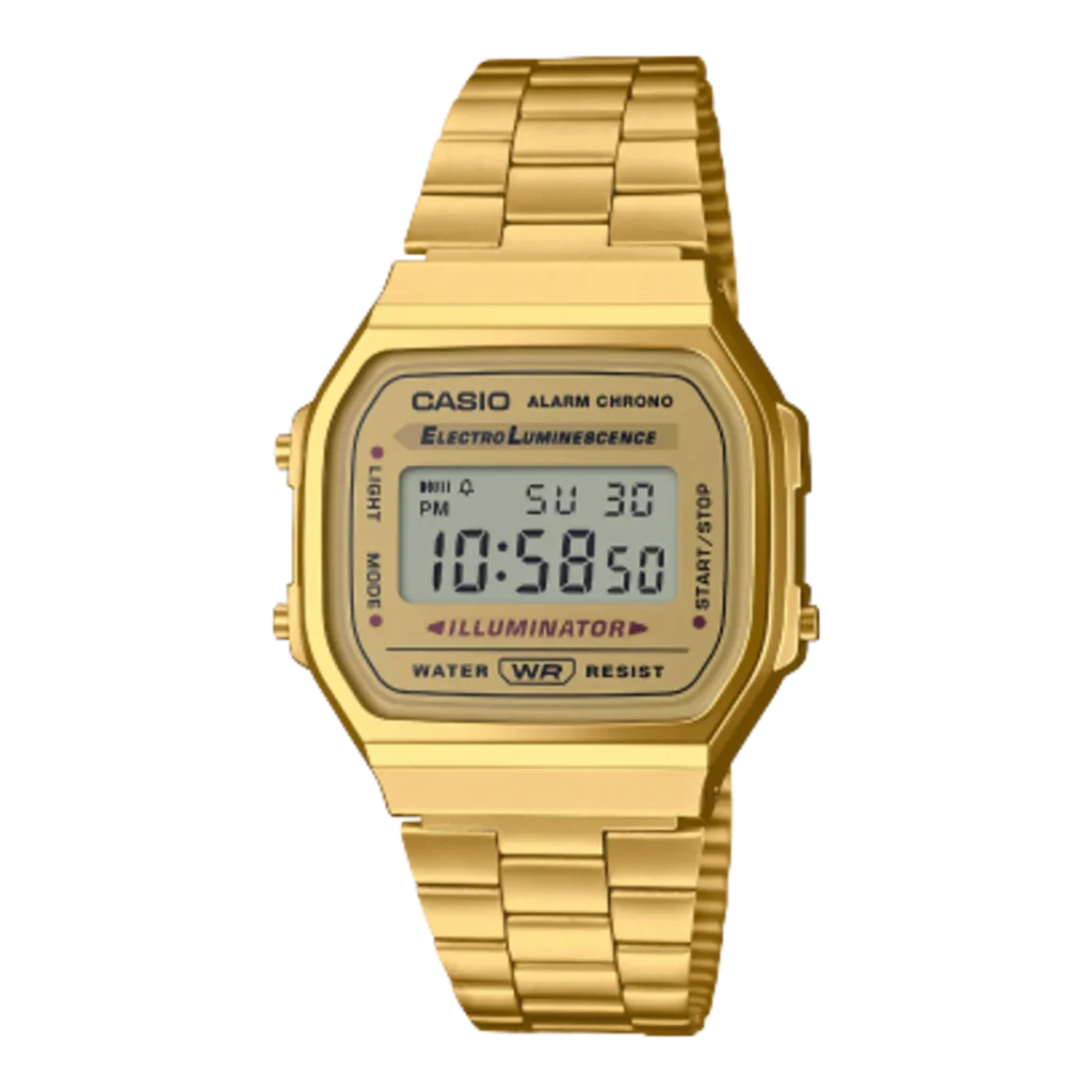 Casio A168WG-9 gold-tone digital watch with gold-tone bracelet