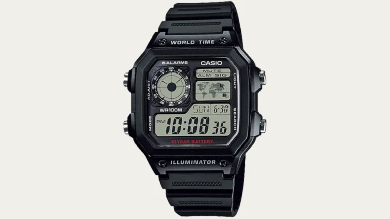 Casio AE-1200WH-1AV world time watch with black resin strap and world map display
