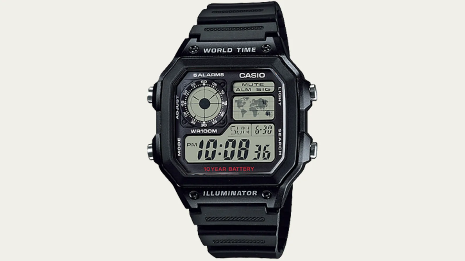 Casio AE-1200WH-1AV world time watch with black resin strap and world map display