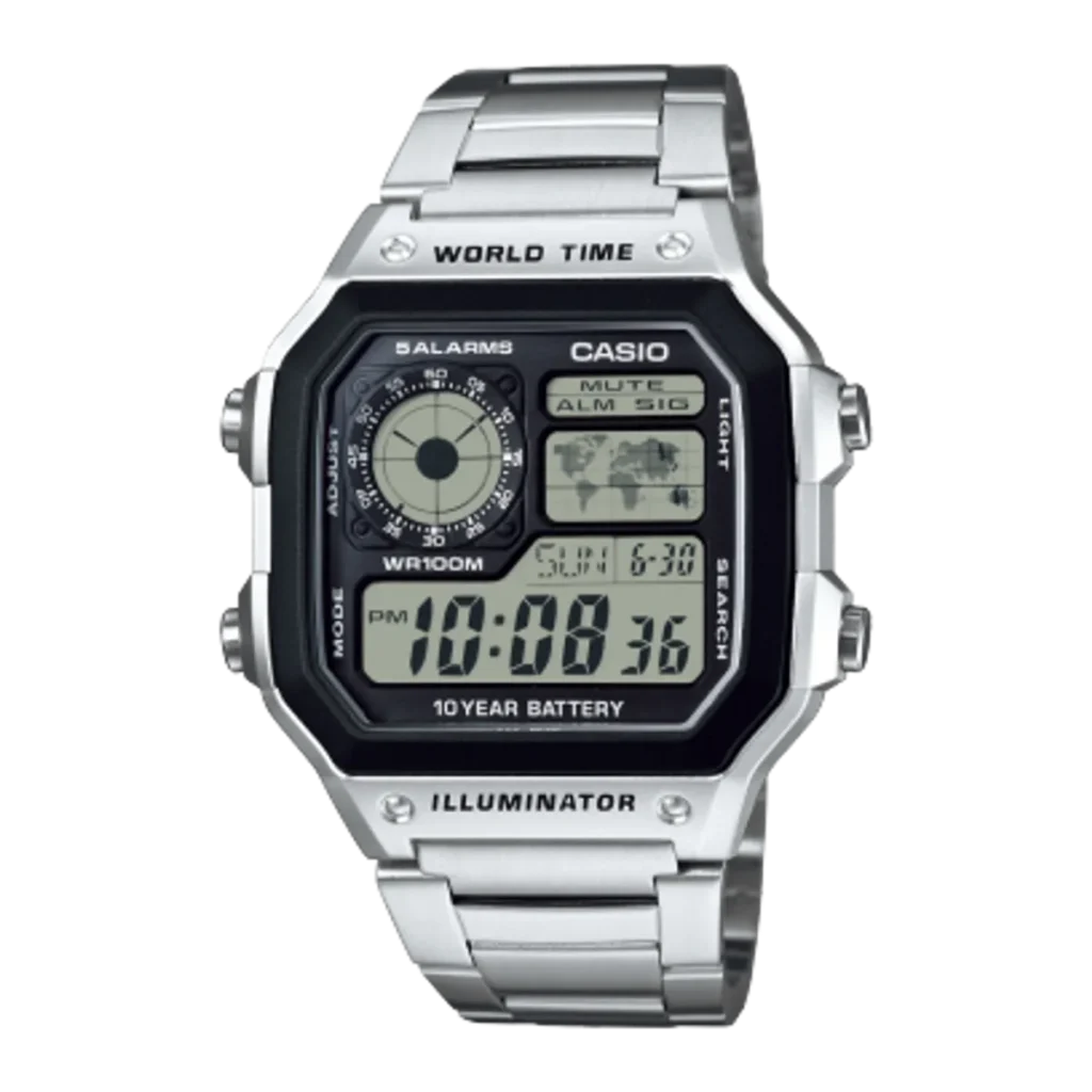 Casio AE-1200WHD-1AV world time watch on a stainless steel bracelet
