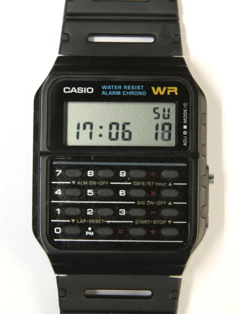 Casio CA-53W calculator watch side and front view showing the resin case and strap