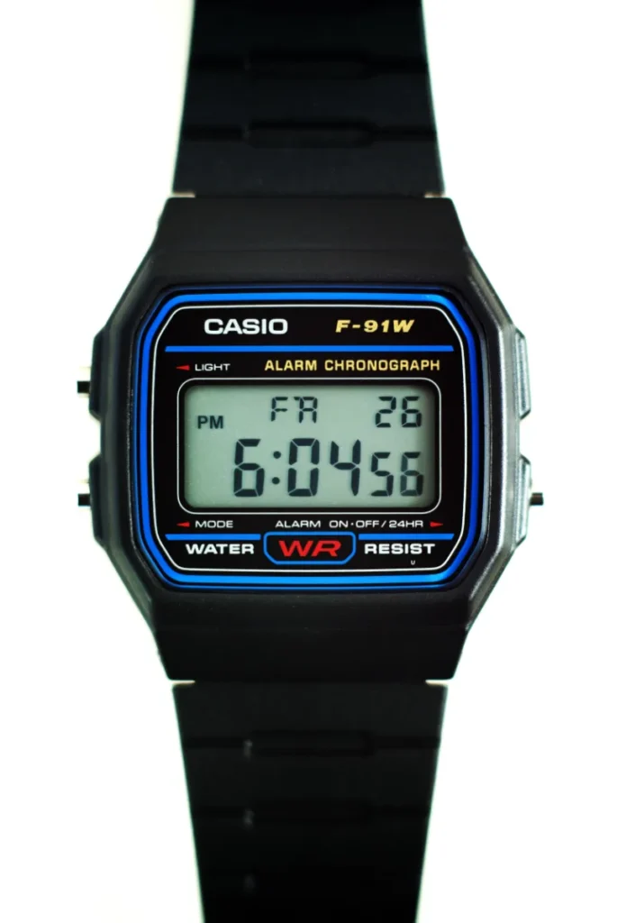Casio F-91W digital watch with black resin strap