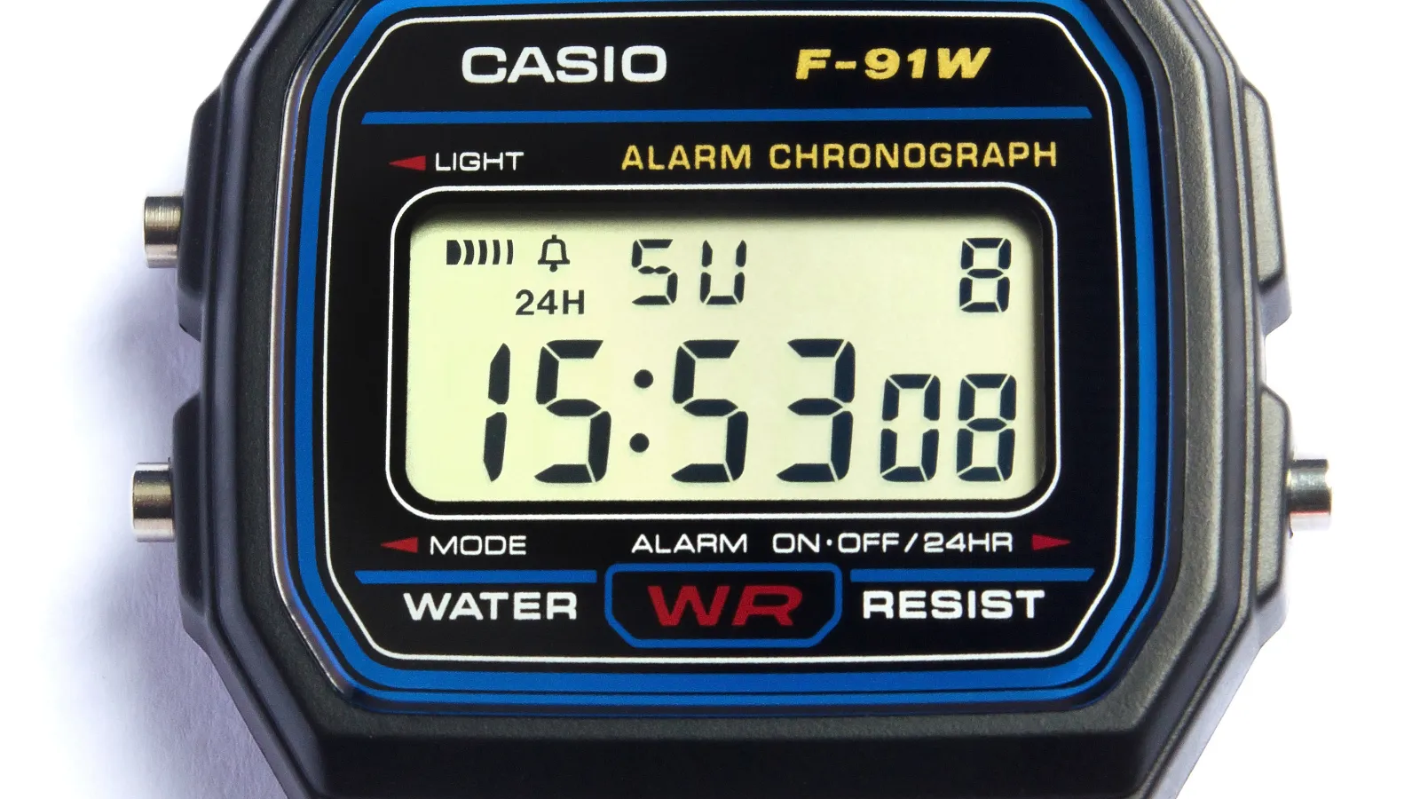 Casio F-91W digital watch, front close-up showing the time on its LCD
