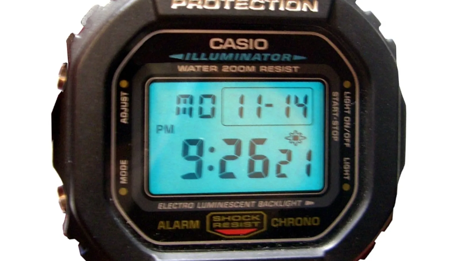 Casio G-Shock DW-5600E with its display backlight on