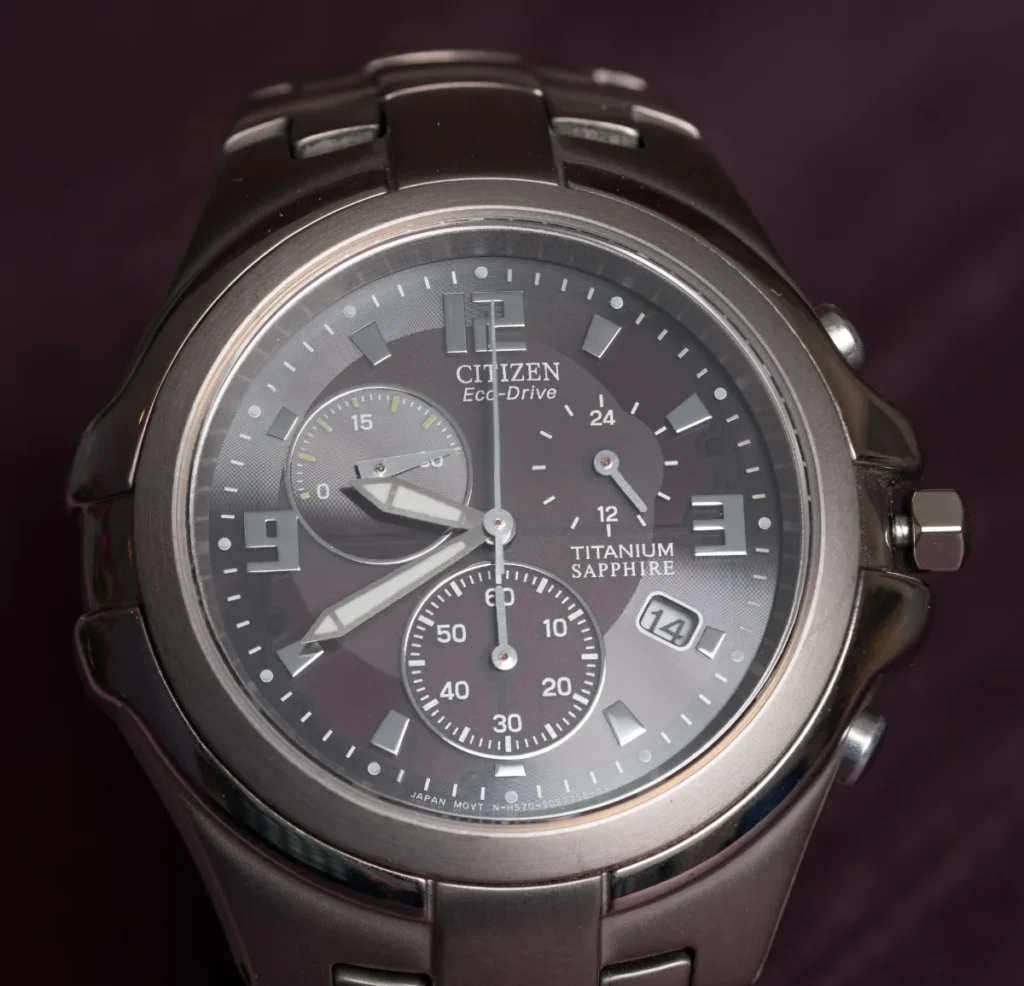 Citizen Eco-Drive Titanium Sapphire chronograph with grey dial and titanium bracelet