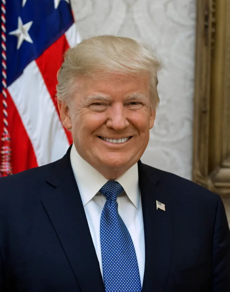 Official White House portrait of Donald Trump in a dark suit against a blue background