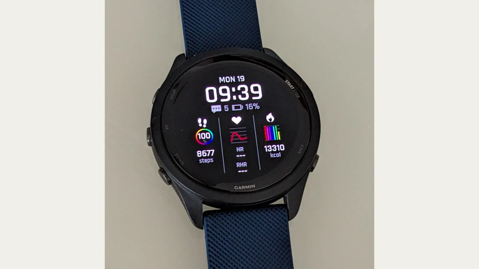 Garmin Forerunner 265 GPS running watch with blue band on white background
