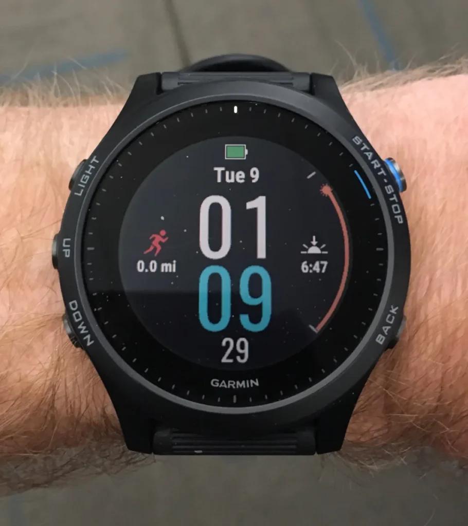 Garmin Forerunner 945 Music GPS triathlon watch showing the display