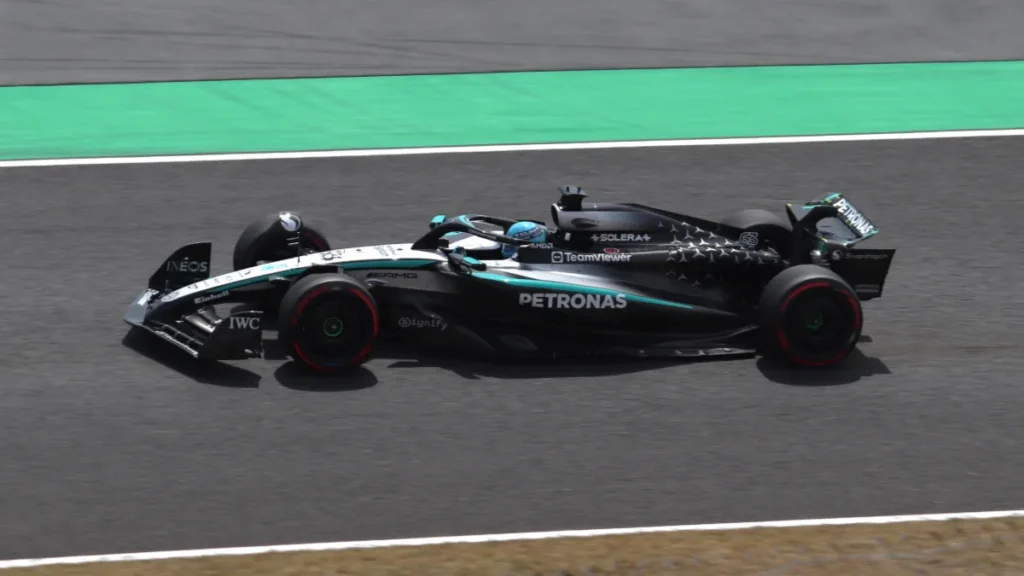 George Russell in practice for Mercedes at the 2025 Japanese Grand Prix