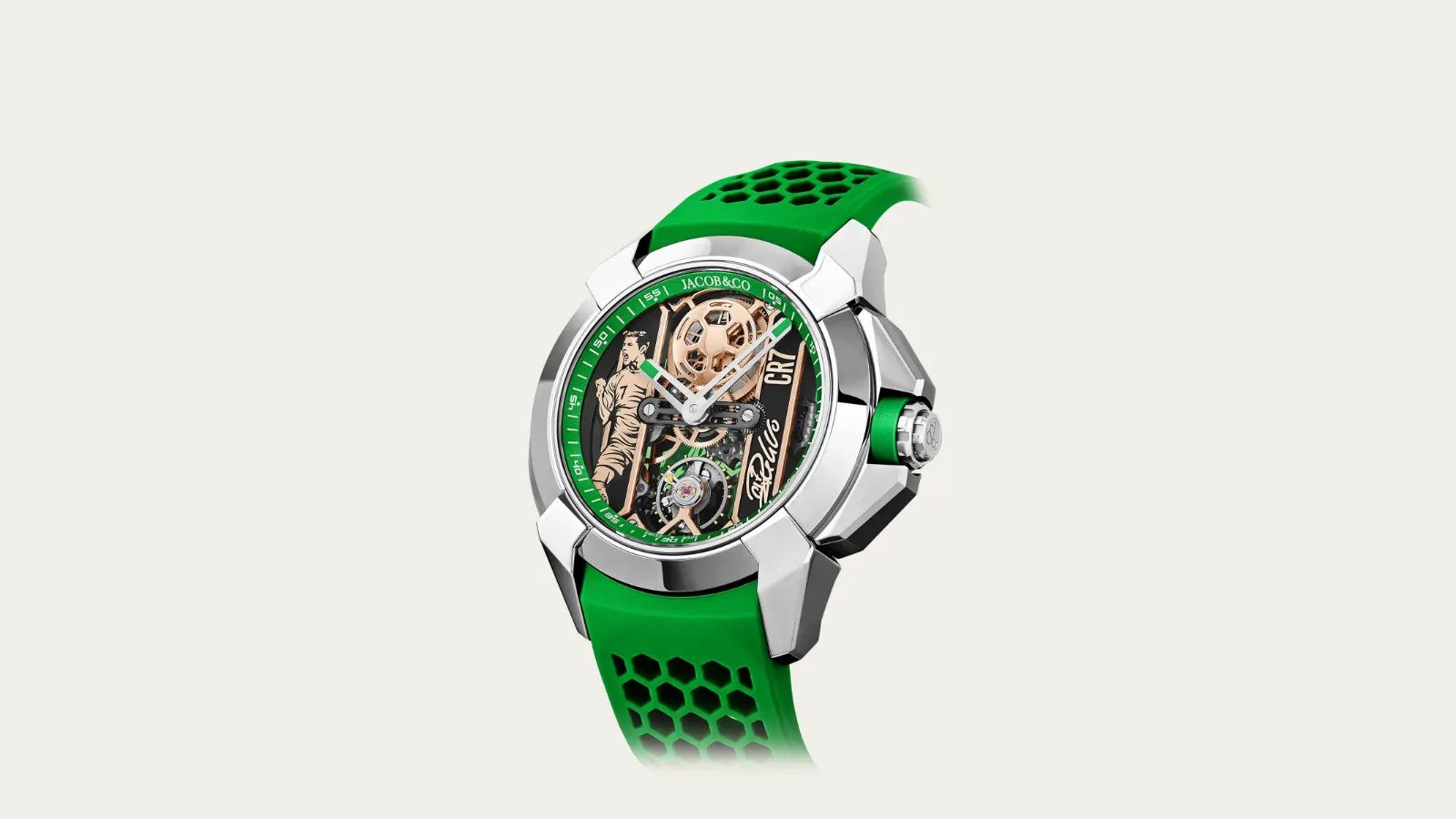 Jacob & Co. Epic X CR7 Heart of CR7 steel skeleton watch with green accents