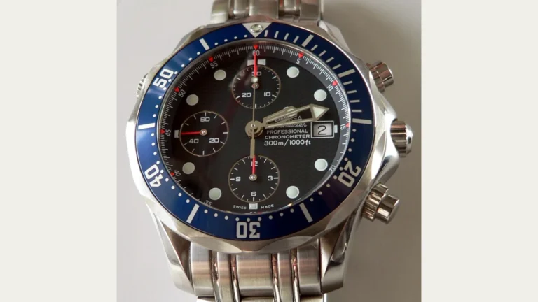 Omega Seamaster 300M Chrono Diver chronograph watch with blue wave-pattern dial