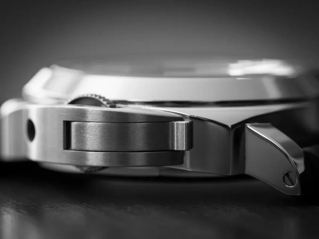 Close-up of the Panerai Luminor crown-guard bridge