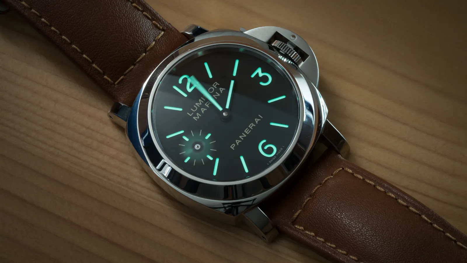 Panerai Luminor with black dial, cushion case and brown leather strap