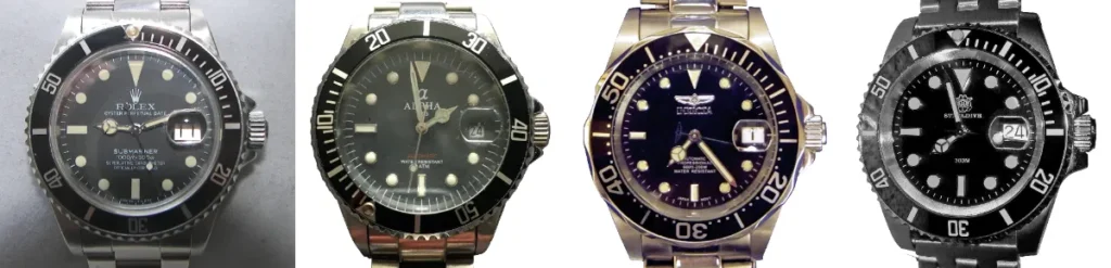 Original Rolex Submariner beside Alpha, Invicta and Steeldive watches copying its design