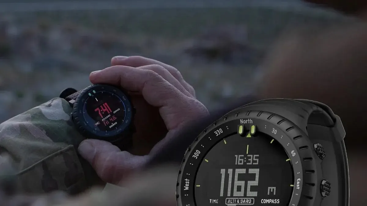 Suunto Core All Black outdoor watch shown on the wrist and as a close-up of its altimeter display