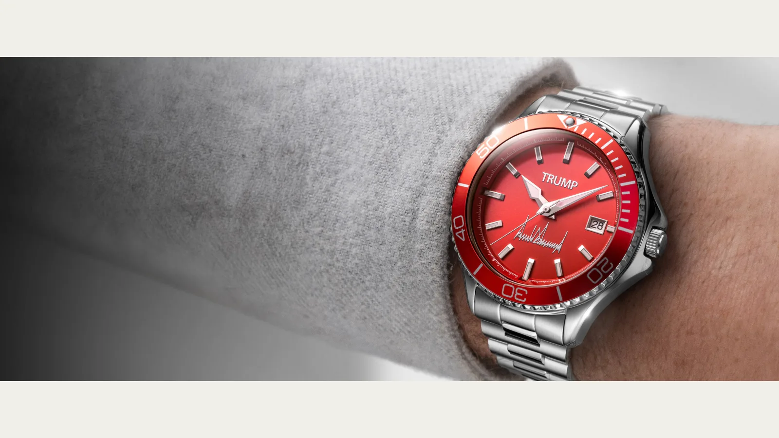 Trump Watches Fight Fight Fight Red automatic dive watch displayed on a red patriotic brand banner