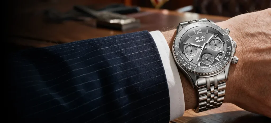Trump Watches gray chronograph model displayed on an official brand desktop banner