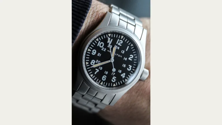 Hamilton Khaki Field mechanical watch with black dial and Arabic numerals, the same model family as the Interstellar Murph